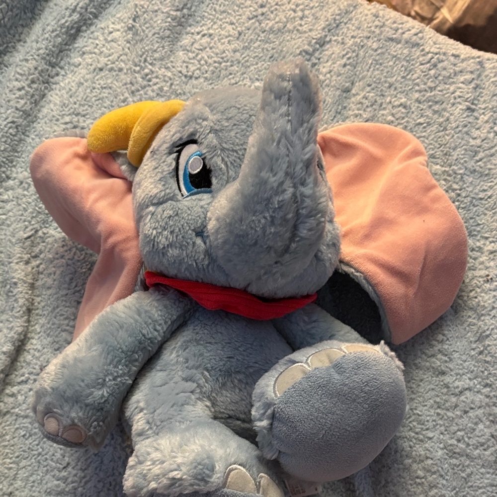 Charming Gray Elephant Plush with Pink Ears and Yellow Hat